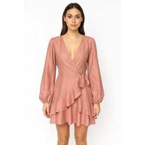 SHEIN Solid Pink Ruffle Wrap Dress Long Balloon Sleeves V-Neck Layers Size XL